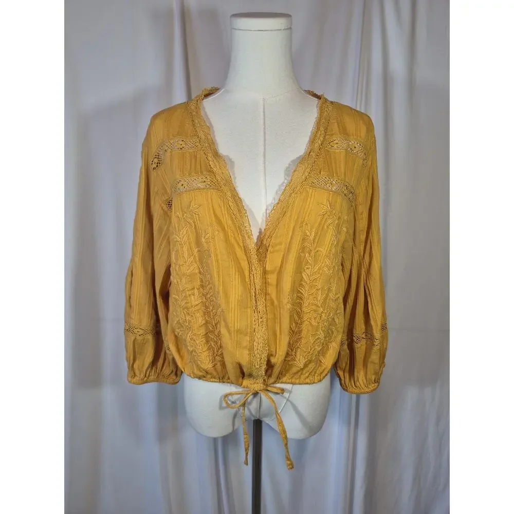 Free People Follow Your Heart Embroidered Crop Top in Gold Medium